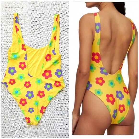 WeWoreWhat Yellow floral print swimsuit One piece open back Summer Size XL? - Picture 1 of 11
